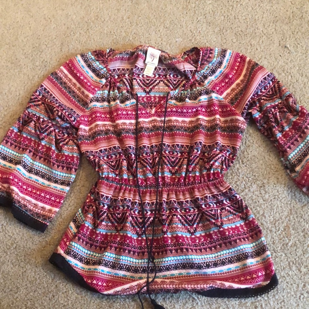 Aztec design top with cinched waist and black ties